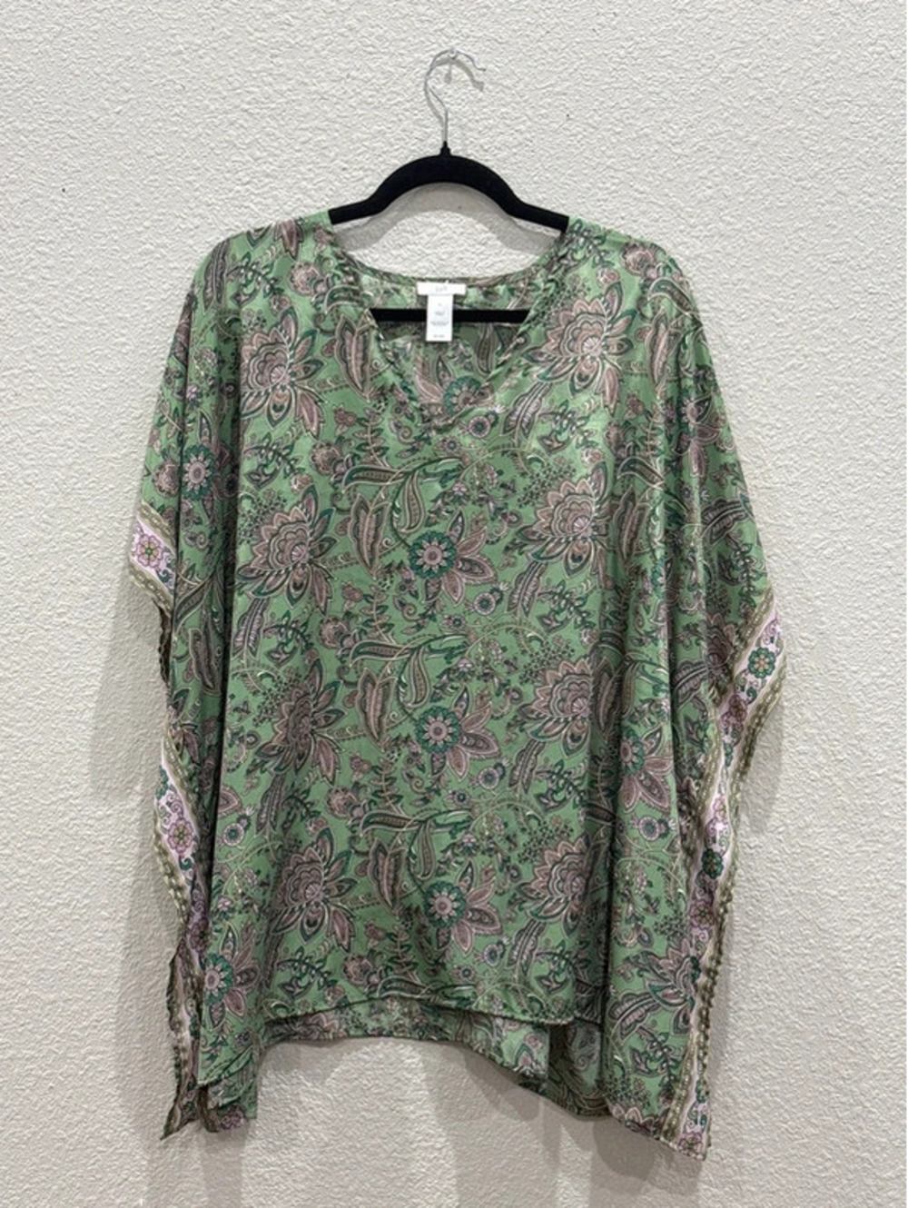 J. Jill Green Paisley Kaftan Poncho Top Boho Floral Oversized